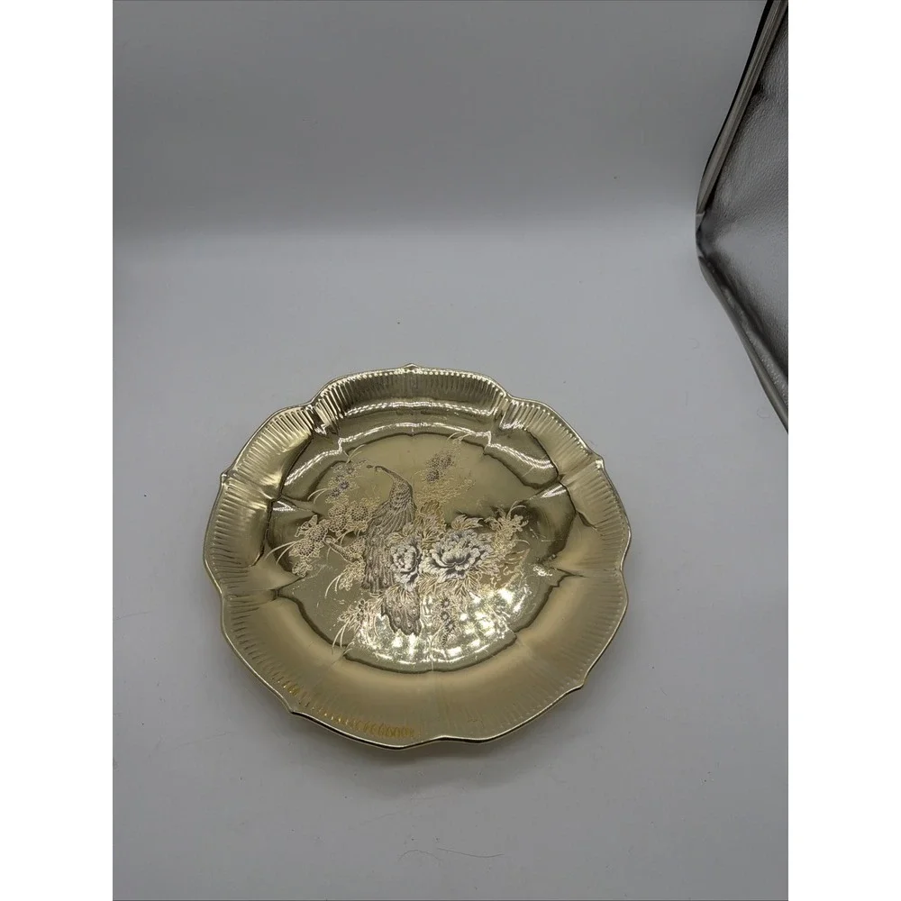 Vintage Gold Tone Etched Peacock Scalloped Decorative Plate Floral 10.25 Inch